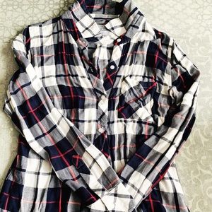 Rails XS blue plaid with coral stripe.